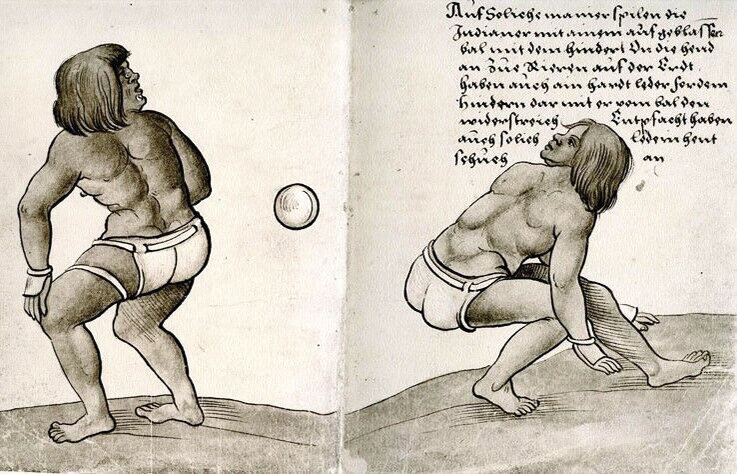 Mesoamerikanische Ballspiele: Zwei aztekische Spieler 1529 am Spanischen Hof. Quelle: Das Trachtenbuch des Christoph Weiditz